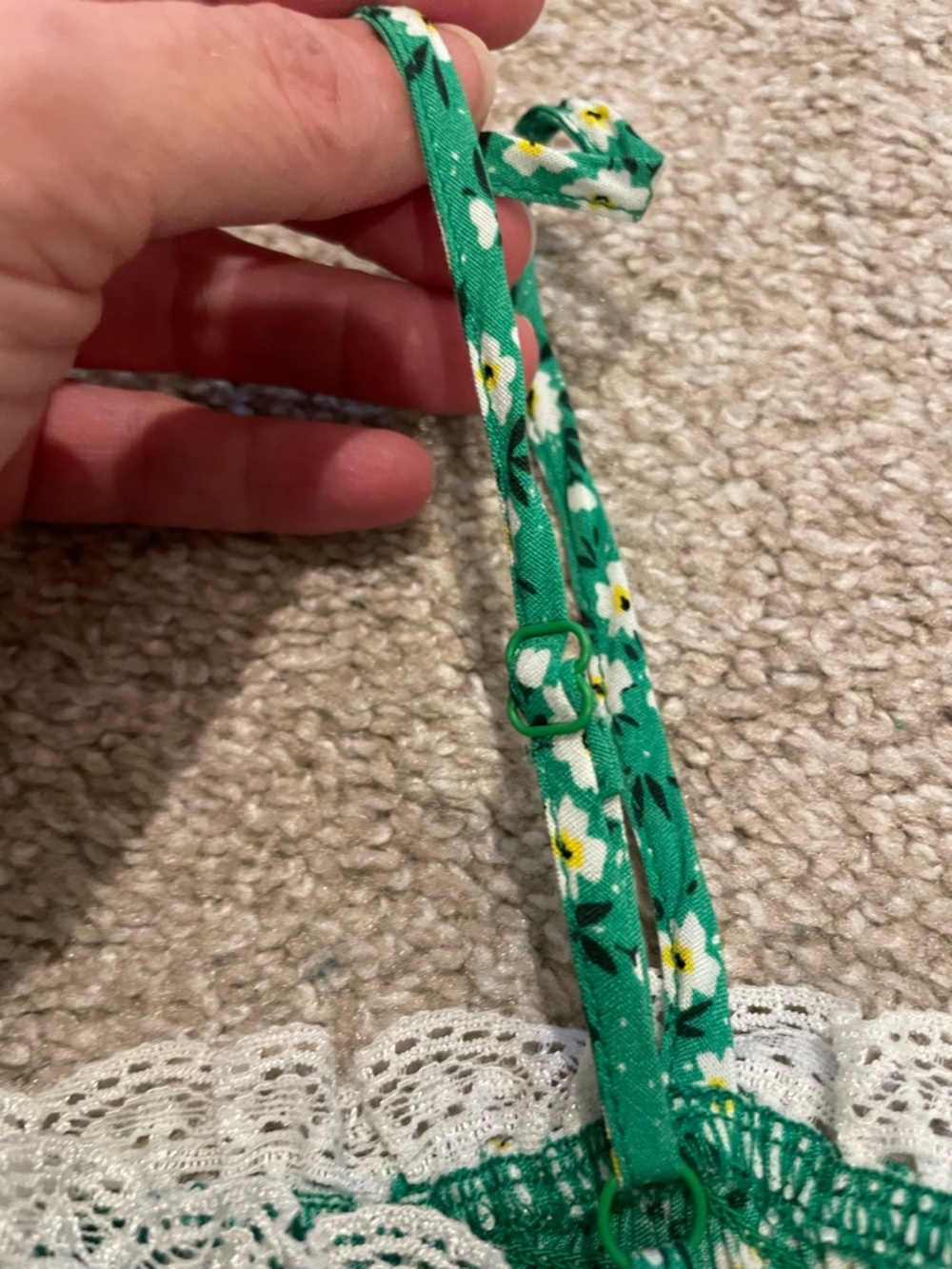Green Floral Smocked Romper with Lace Trim - Picture 5 of 6